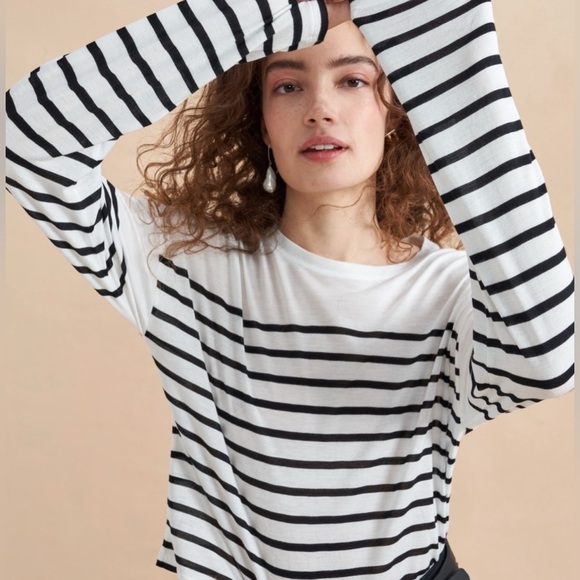 LA LIGNE NYC White Navy Stripe Viscose Silk Teddy Tee - Picture 3 of 8